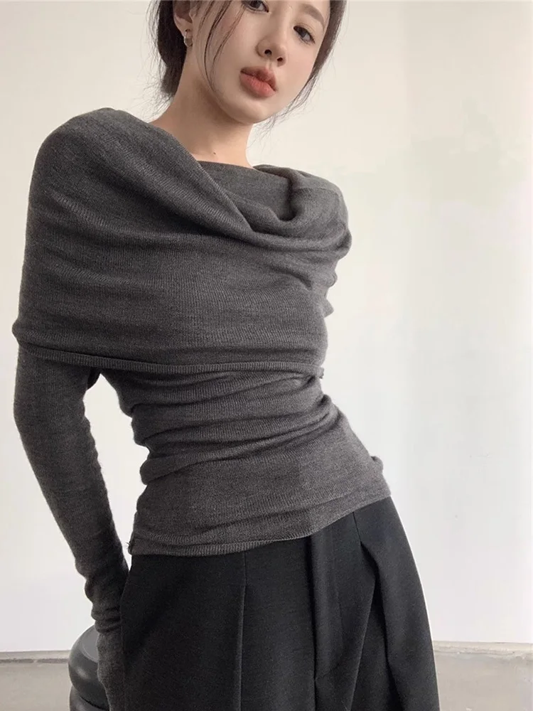 Sweater Women Sexy Slash Neck Slim Knitted Tops Pullover Long Sleeve Knit Pull Femme Vintage Knitwears Autumn Winter Clothing