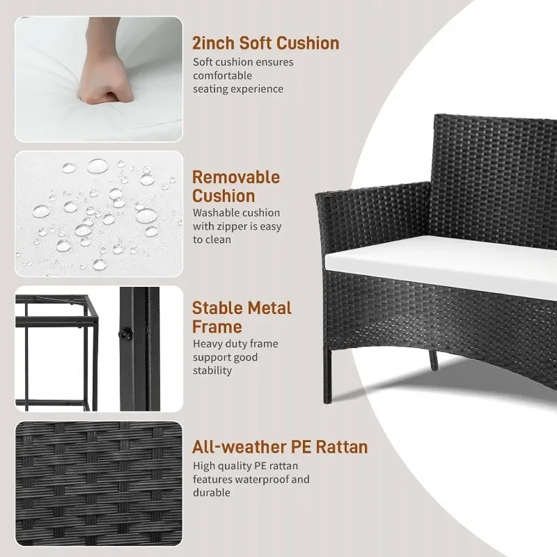 Outvita 4 Pieces Patio Furniture Set, Rattan Conversation Sets with Loveseat Soft Cushion and Glass Table for Garden Backyard