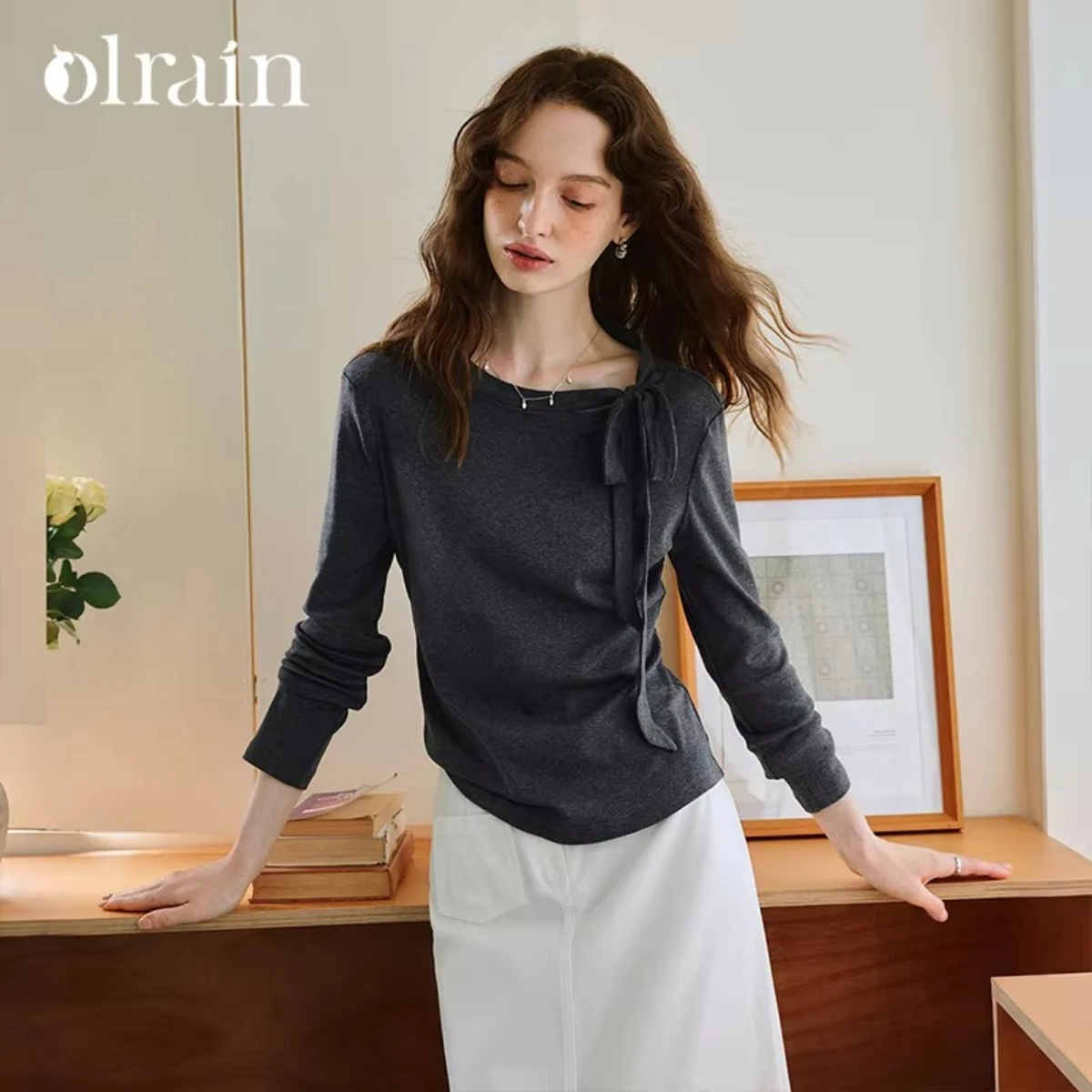 OLrain Women's Long Sleeve Tops Stylish Design 2026 New Crew Neck Side‑Tie Detail Blouse Office Commuter Clothing O58QT008661