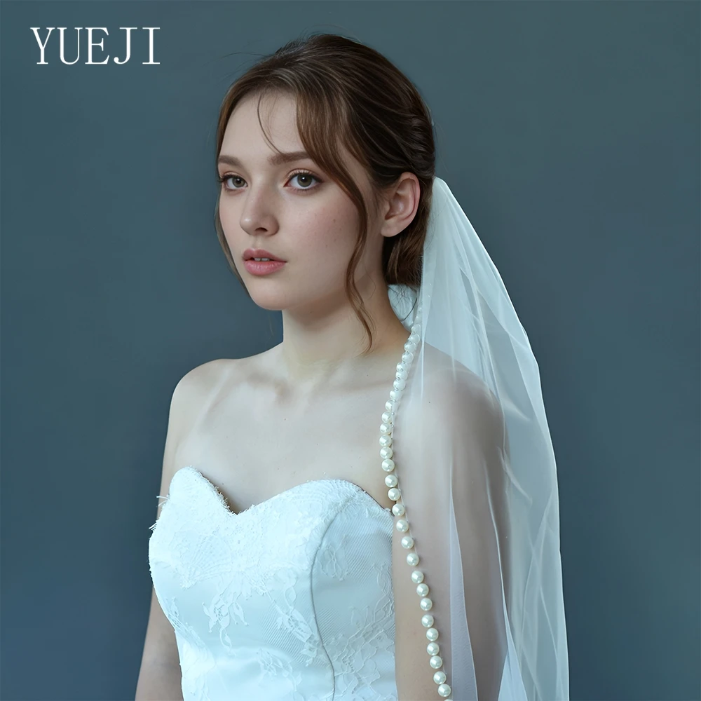 YUEJI Velo De Novia, Elegante Velo De Novia con borde De perla simple, punta única, mantilla YJ93