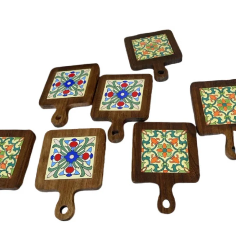 Solid Wood Flower Tile Coasters Heat Insulation Durable Waterproof Coaster Household Restaurant Retro Placemats Casserole Mats