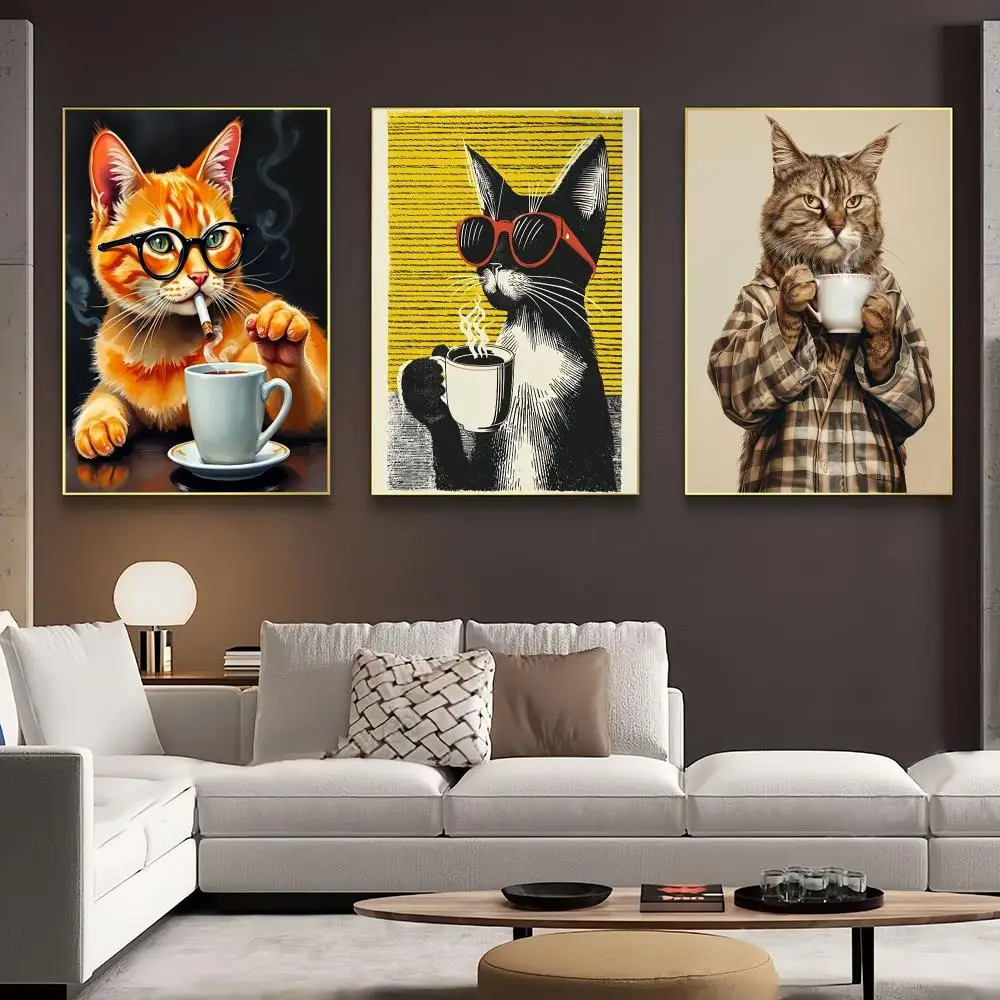 Cool Cat Coffee Canvas Poster Funny Cat Red Sunglasses Vintage Pop Art Quirky Pet Home Decor Gift Painting Calligraphy