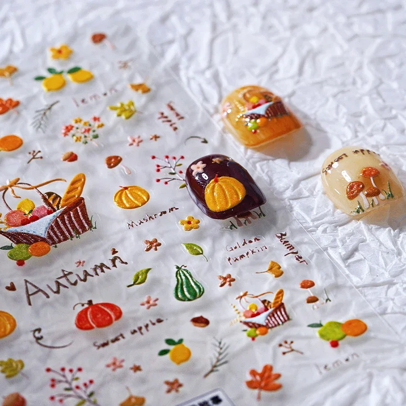 Autumn Lemon Pumpkin Mushroom Maple Leaf Apple Colorful Food Fruits Flower Ginkgo Biloba Charm Nail Art Stickers Manicure Decals