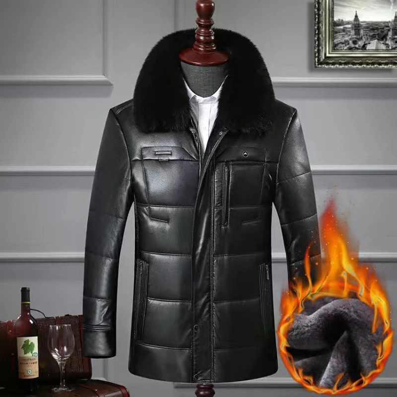 Chaqueta de cuero PU de algodón informal para hombre de mediana edad, abrigo, ropa, Chaqueta de algodón cálida, abrigos de invierno gruesos de terciopelo añadidos