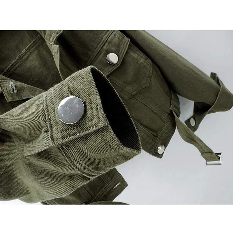 Spring Vintage Army Green Black Khaki Denim Jacket Women Hem Belt Big Pocket Cowboy Outerwear Loose Short Jeans Jackets Female