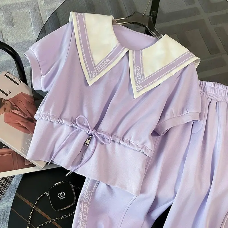 Sports and Leisure Set Women's Summer New Fashion Age Reducing Navy Neck Short Sleeved Wide Leg Pants Two-piece Set