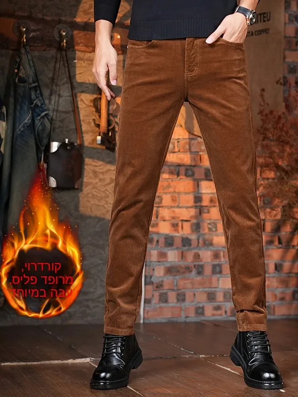 Thickened Fleece Corduroy Men's Casual Pants Autumn Winter New Style Slim Fit Elastic Long Trousers Hong Kong High End Fashion
