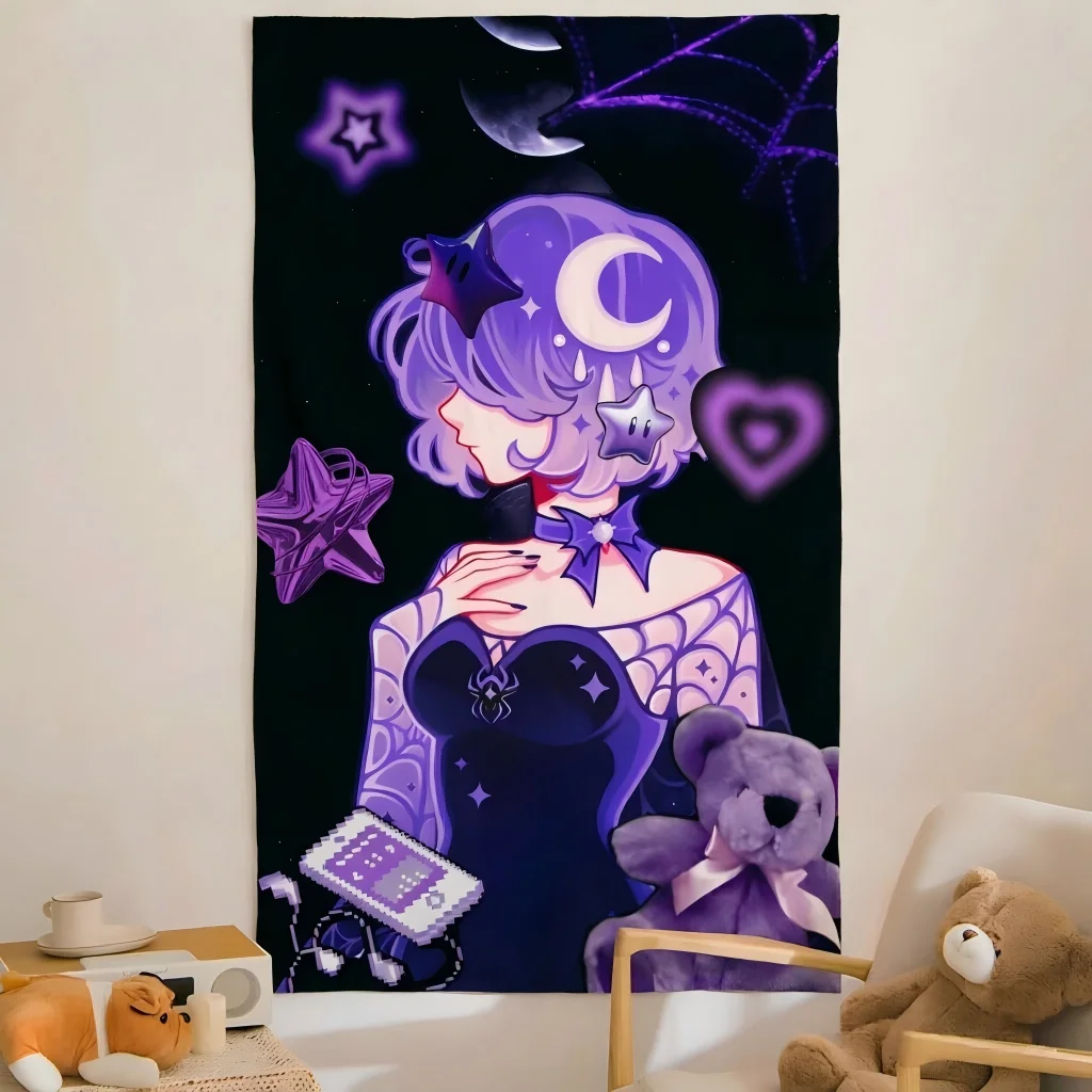 Y2K Gothic Anime Girl Tapestry Purple Moon Star Girl Aesthetic Wall Hanging Tapestry Dorm Bedroom Background Cloth Home Wall Dec