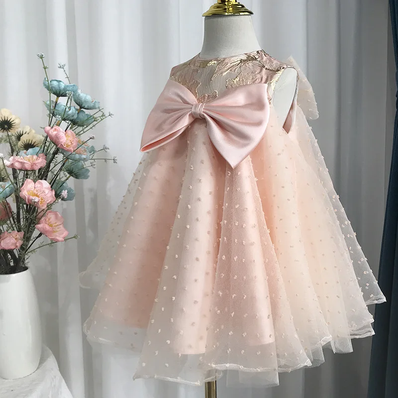 

Toddler Baby Pink Party Dress Baptism Wedding 1 Year Birthday Bow Princess Gown For Baby Girl Embroidery Lace Bridemaid Vestidos