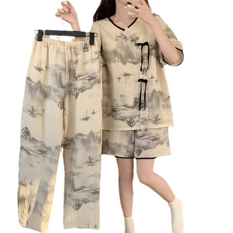 Conjunto de Pijama de satén con estampado Floral para mujer, pantalones de manga corta de algodón, conjunto de 3 piezas, ropa de dormir