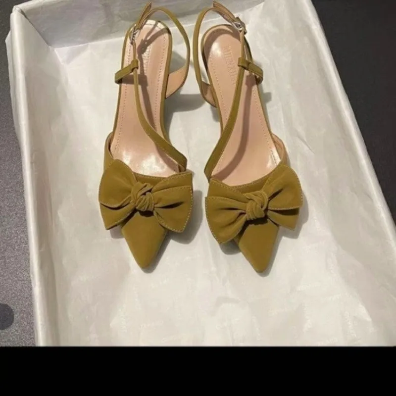 

Лето 2023, новые модные женские универсальные сандалии на высоком каблуке с острым носком и бантом, темпераментные интернет-знаменитости