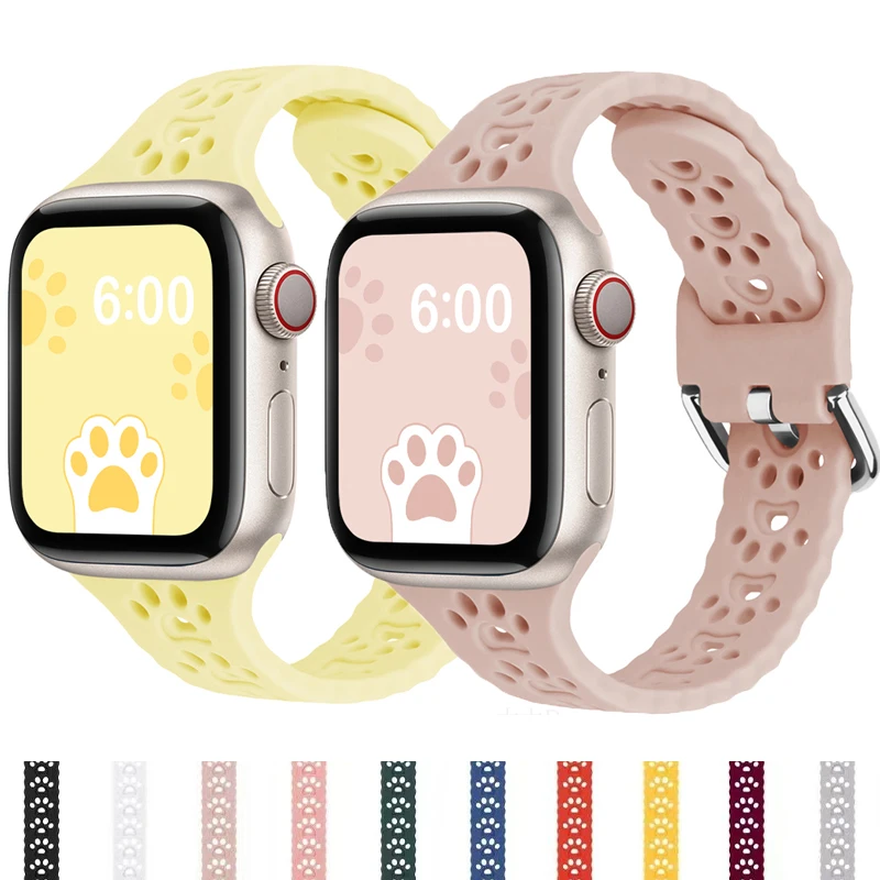 Slim Silicone Strap For Apple Watch Band 44mm 40mm 38mm 42mm Breathable Soft 45/41mm Cat Paw Design Bracelet iWatch 7 6 5 4 3 SE