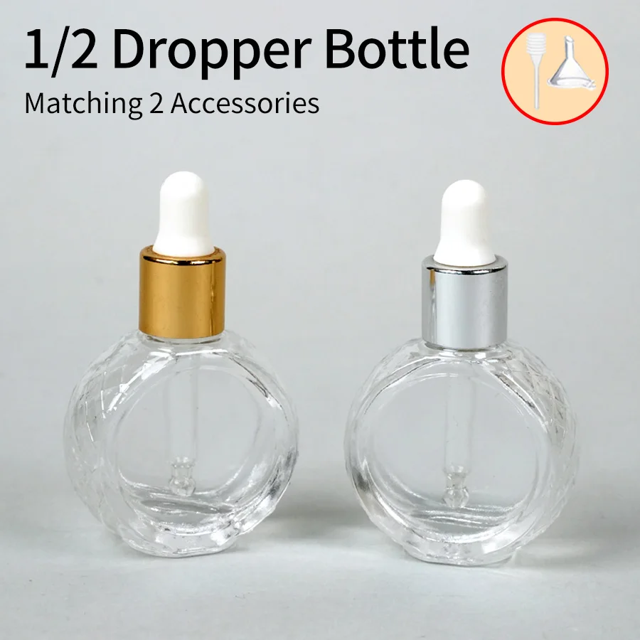 1/2pcs + 2 Accessories 10ml Flat Round Glass Transparent Dropper Bottle, Including 2 Spray Bottles, 1 Funnel, and 1 Spring Straw