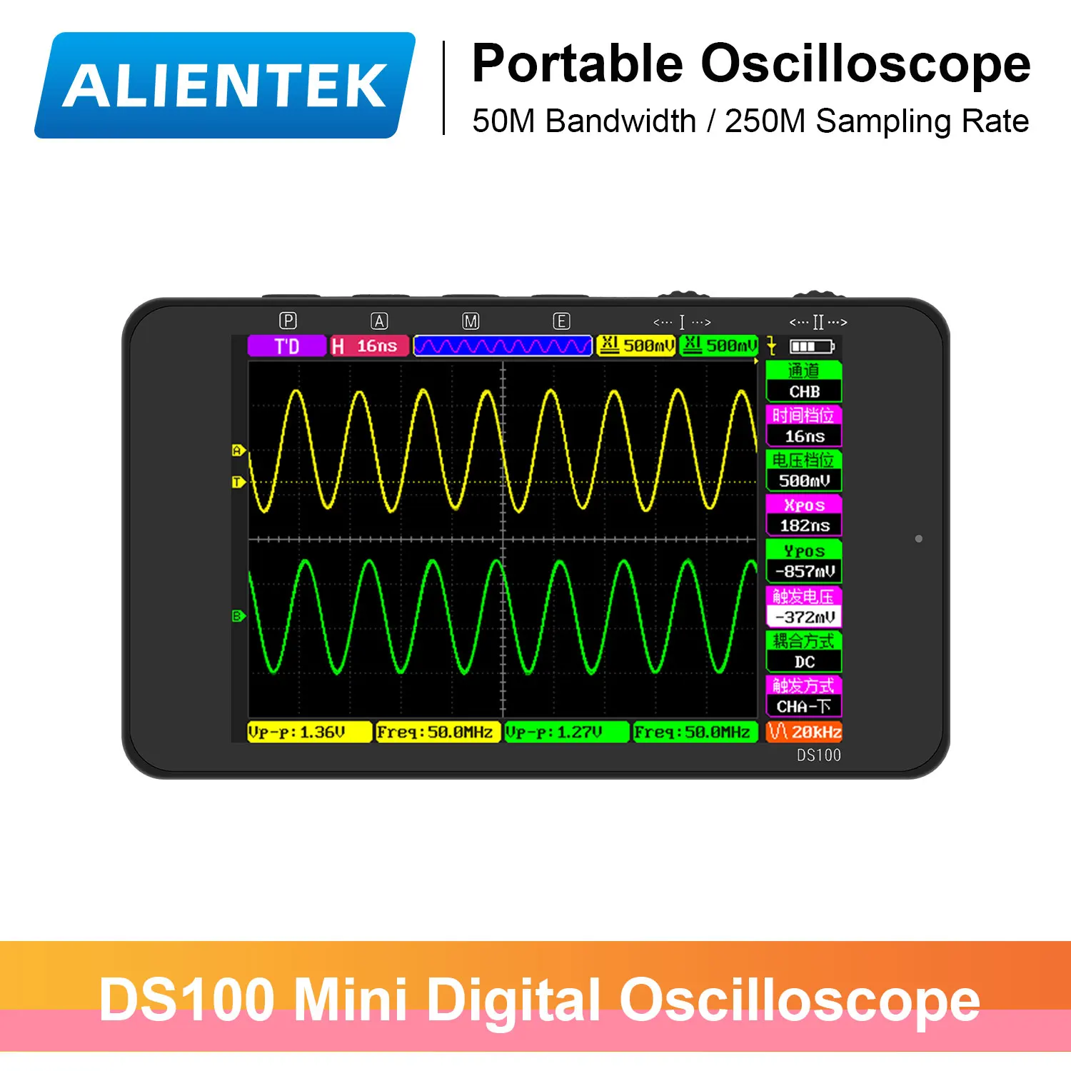 ALIENTEK DS100 Mini ręczny oscyloskop cyfrowy 50MHz przepustowość podwójne kanały wielofunkcyjne narzędzia Tester element elektroniczny