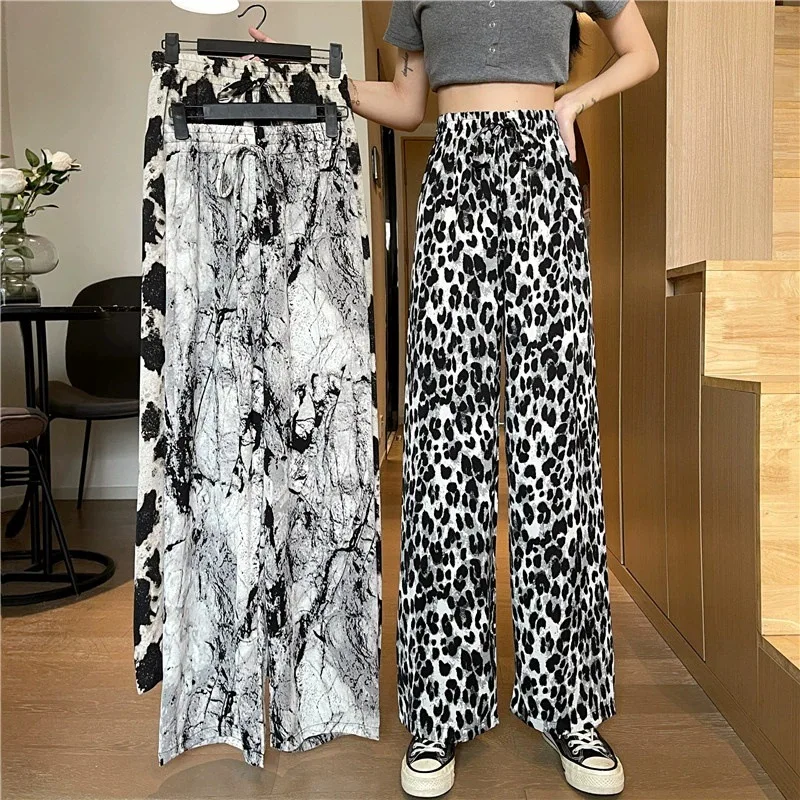 

Women's Pants Ice Silk High Waist Wide Leg Long Ink printing Long Trousers Thin Breathable Summer Casual Versatile 2024