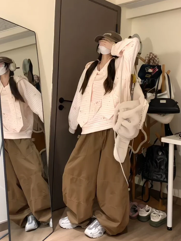 Amerikaanse Sle schattige kleine hond roze gestreepte hoodie dames lente herfst losse bijpassende bovenkleding casual comfortabel sweatshirt