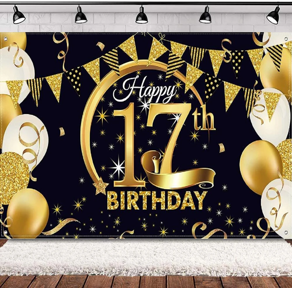 Photography Backdrop Black Gold Sign Poster For 17th Birthday Anniversary Party Photo Booth Background Decor Banner Supplies