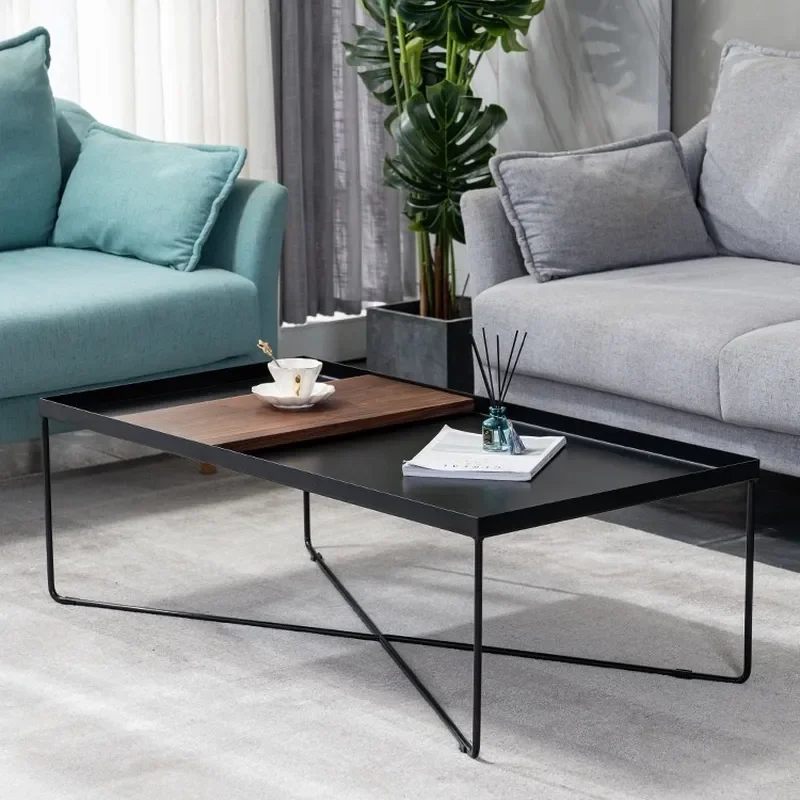 Black Walnut Rectangular Coffee Table Wrought Iron Frame Solid Wood Top Simple Creative Design for Living Room Small
