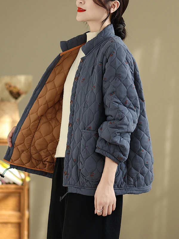 Jaket Wanita Katun Thiened Bergaya Retro Artistik, Motif Kasual Musim Dingin, Cocok Semua Musim, Kerah Tegak, Lengan Panjang, Kancing Tunggal