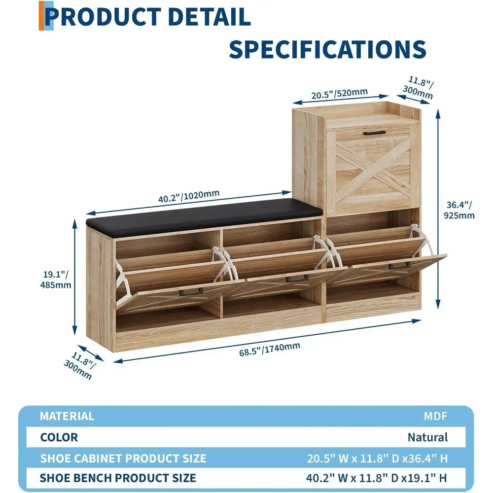 مقعد تخزين لخزانة الأحذية مع أدراج قابلة للطي للمدخل والبهو وغرفة المعيشة - لمسة نهائية طبيعية