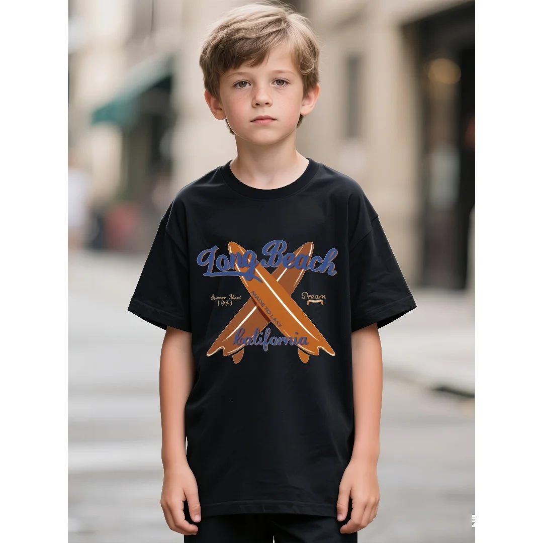 Surfboard and letter print short-sleeved T-shirt casual and versatile style suitable for children's daily wear and going out