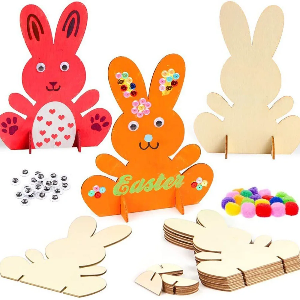 Juego de recortes de conejitos de madera sin terminar, artesanías de Pascua en blanco con accesorios para bolígrafos, manualidades, Kits de pintura para recuerdos de fiesta de Pascua, 1 Juego