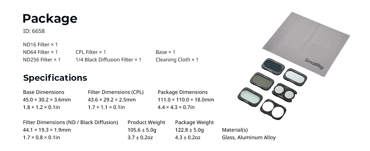 SmallRig Split-Filter-Set für DJI Osmo Pocket 4P mit ND16 / ND64 / ND256 / CPL / 1/4 Schwarzer Diffusionsfilter Basis -6658 – Detail 11