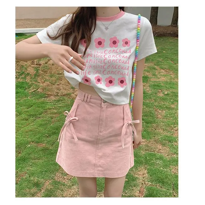 Denim Skirt Pink Bow Design 2024 Summer New Style Female Korean Version Sweet Little High Waist Slim A-Line Hip Skirt