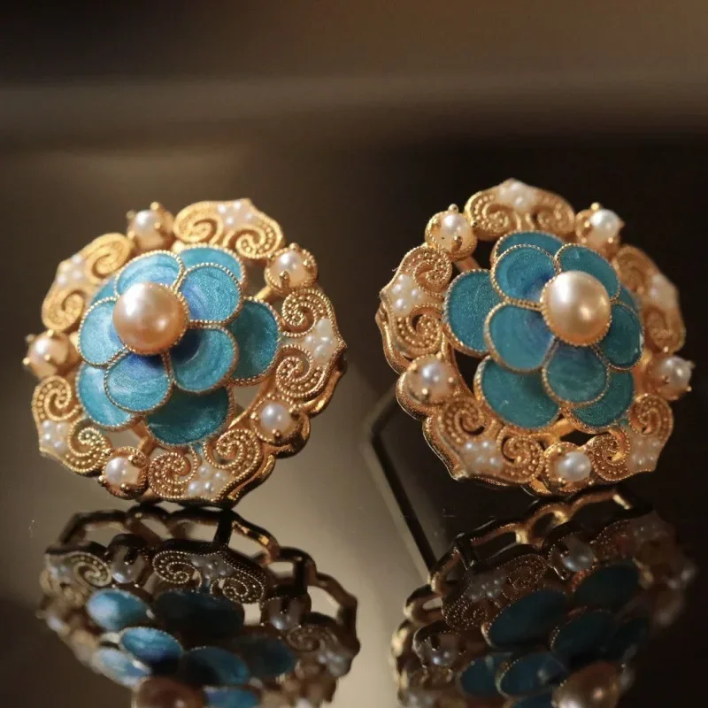 Fashion Ethnic Chinese Style S925 Gold-plated Cloisonne Enamel Color Pearl Flower Earrings for Women Party Wedding Bride Gift