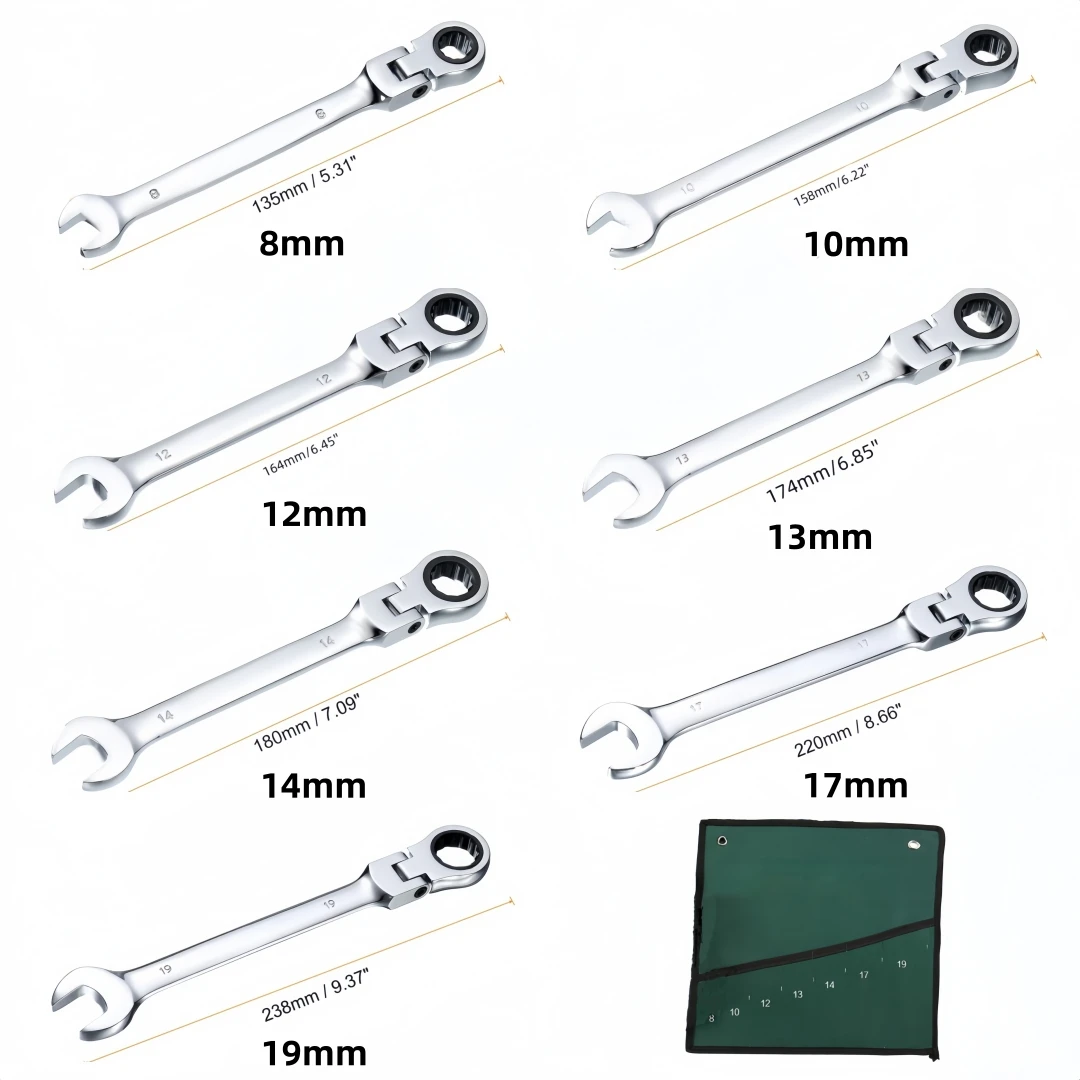 Flexible Head 8MM-19MM Ratcheting Wrench Set 180° Adjustable 72 Teeth CR-V Combination Wrenche Ratchet Socket Spanner Nut Tools