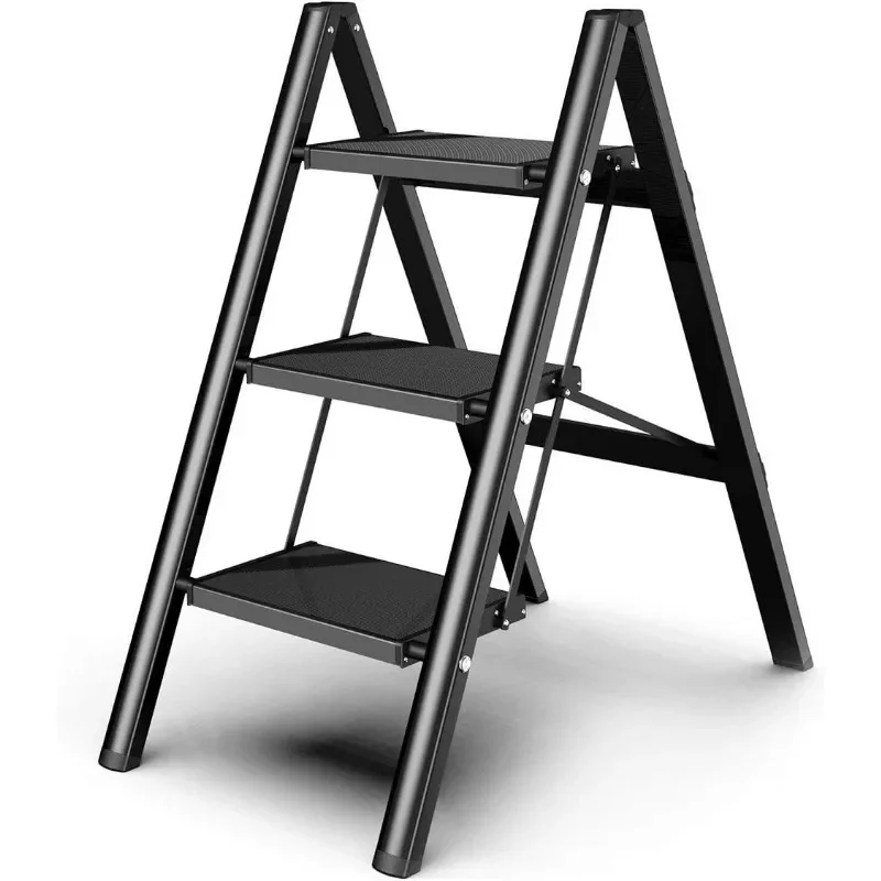 3 Step Ladder Anti-Slip Foldable Step Stool Aluminum Lightweight with Wide Pedal for Home and Kitchen Space Saving