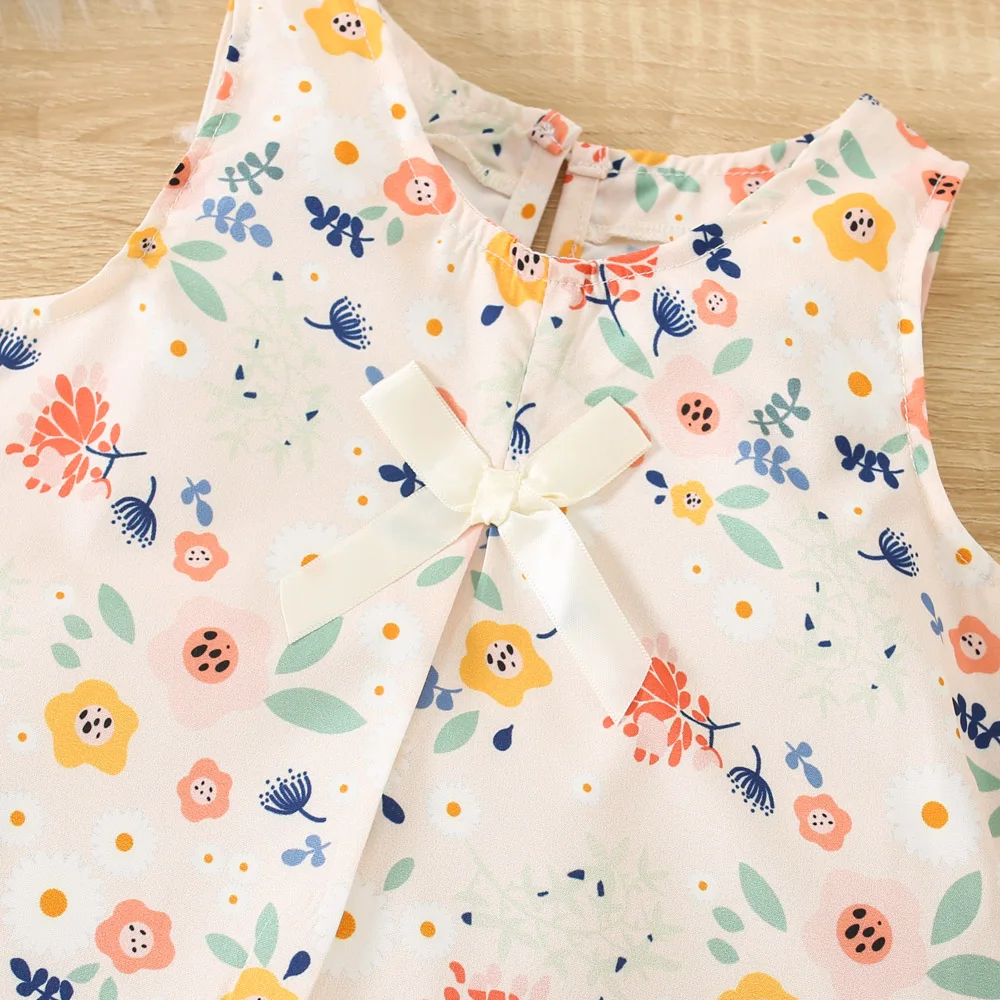 2Pcs/Set Summer New Cute Floral Two-Piece Round Neck Sleeveless Top And Shorts For Girls