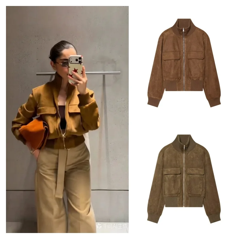 Women Suede-Like Er Jacket Autumn New Ribbed High Collar Zip Up Long Sleeve With Pockets Cropped Vintage Outerwear