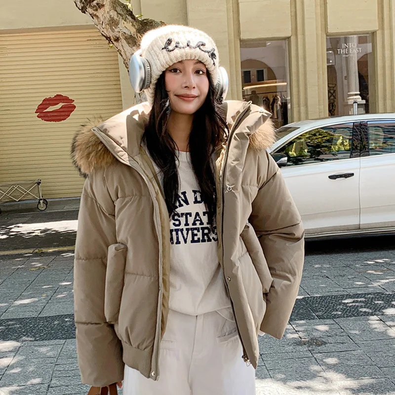 

Female's Winter Padded Coat Solid Color Pockets Faux Fur Trimmed Hood Women's Parka Coat Cropped Thickened Jackets For Lady