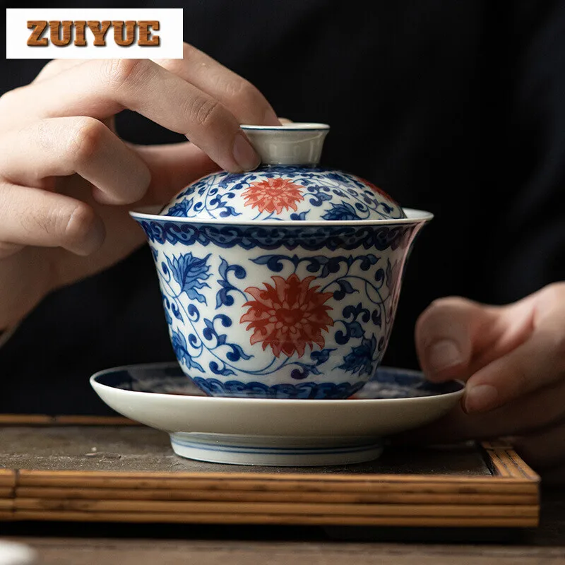 

200 мл Цзиндэчжэнь сине-белый фарфор Gaiwan античный три таланта чай Tureen чайный Чайник Чайная чаша посуда подарок