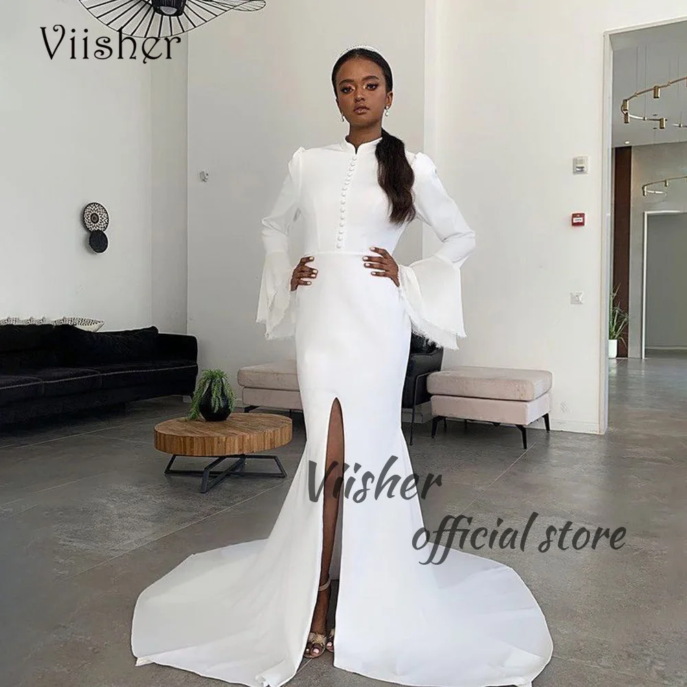 

Viisher White Mermaid Wedding Dresses Flare Long Sleeve Chiffon Satin Front Split Bride Dress Dubai Israel Wedding Bridal Gowns