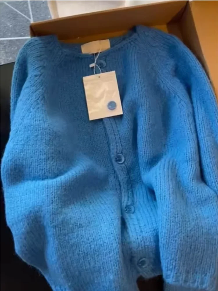 Klein Blauer Langarm-Strickcardigan für Damen, Herbst-Winter-Oberbekleidung, Warmer Rundhals-Pullover für Casual-Looks
