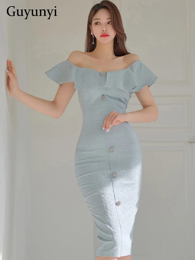 Elegant Party Dress Summer Solid Color Sexy Off The Shoulder Slash Neck Ruffle Decorative Single Breasted High Waist Tight Dress