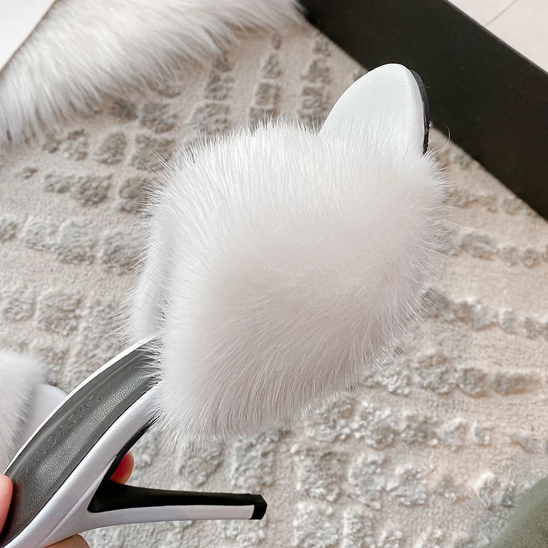 New imported mink fur slippers, hairy shoes, high heels, slim heels, European and American sexy women\'s shoes for parties