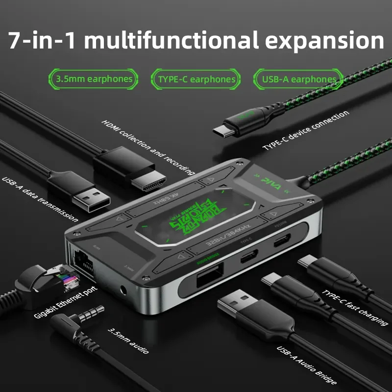 Piva Universal 70 سنتيمتر كابل 7 في 1 3.5 مللي متر 32Bit/384 كيلو هرتز محول الصوت Type-C إلى USB Hub نوع C 5Gpbs محطة الإرساء 1000 متر Rj45 Lan
