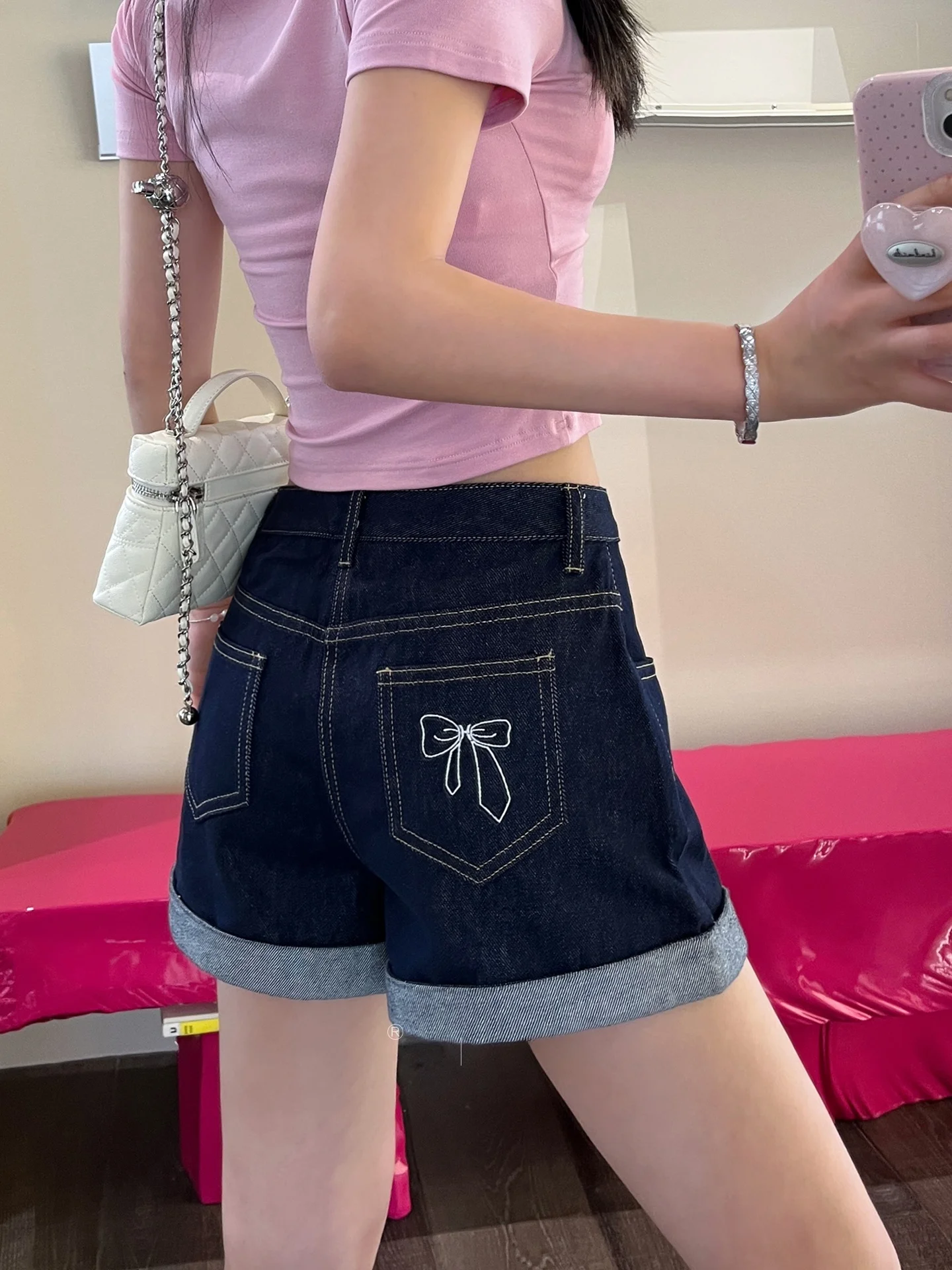 

High Waist Denim Shorts Women's Summer Style Knot Wide Leg Pants Slimming Deep Blue Cotton Stretch Denim