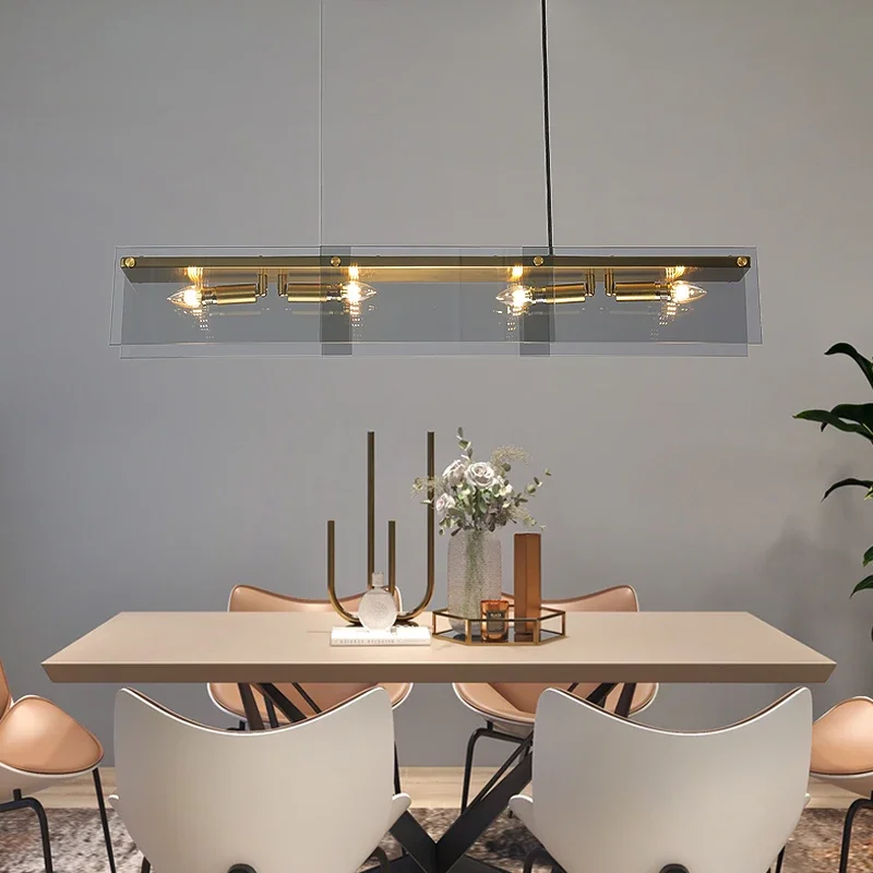 FSS Modern Copper Dining room Chandelier Rectangular Water Ripple Glass Designer Creative Dining Table Long Bar Chandelier