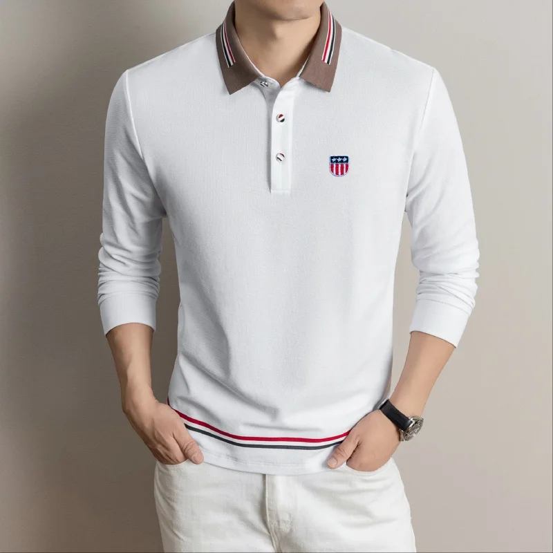 Hochwertiges Herren-Polohemd aus 100% Baumwolle mit Langen Ärmeln, Revers und Knöpfen, Exquisites Muster-Stickerei, Herbst-Neuheit, Vielseitige Freizeitkleidung für Männer – Detail 14