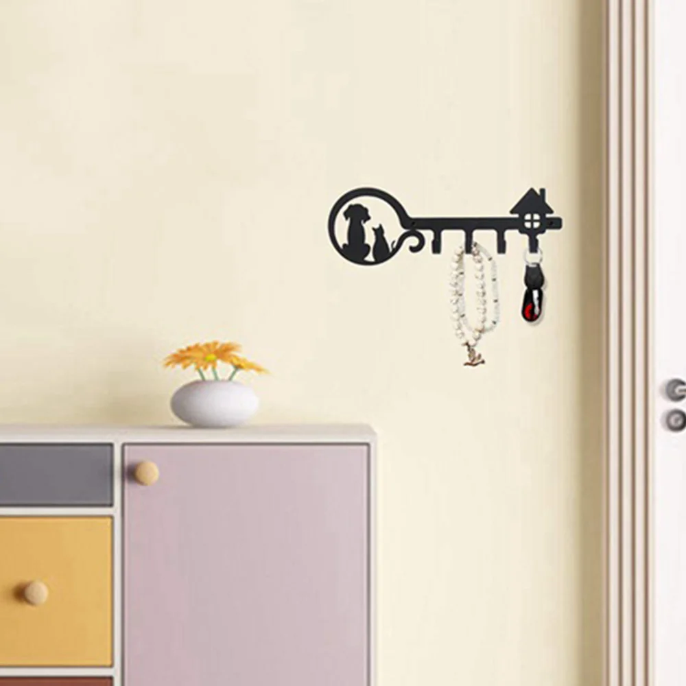 Wall Decor Black Metal Key Holder with 4 Hooks for Entrance Kitchen Corridor Office Key Hook