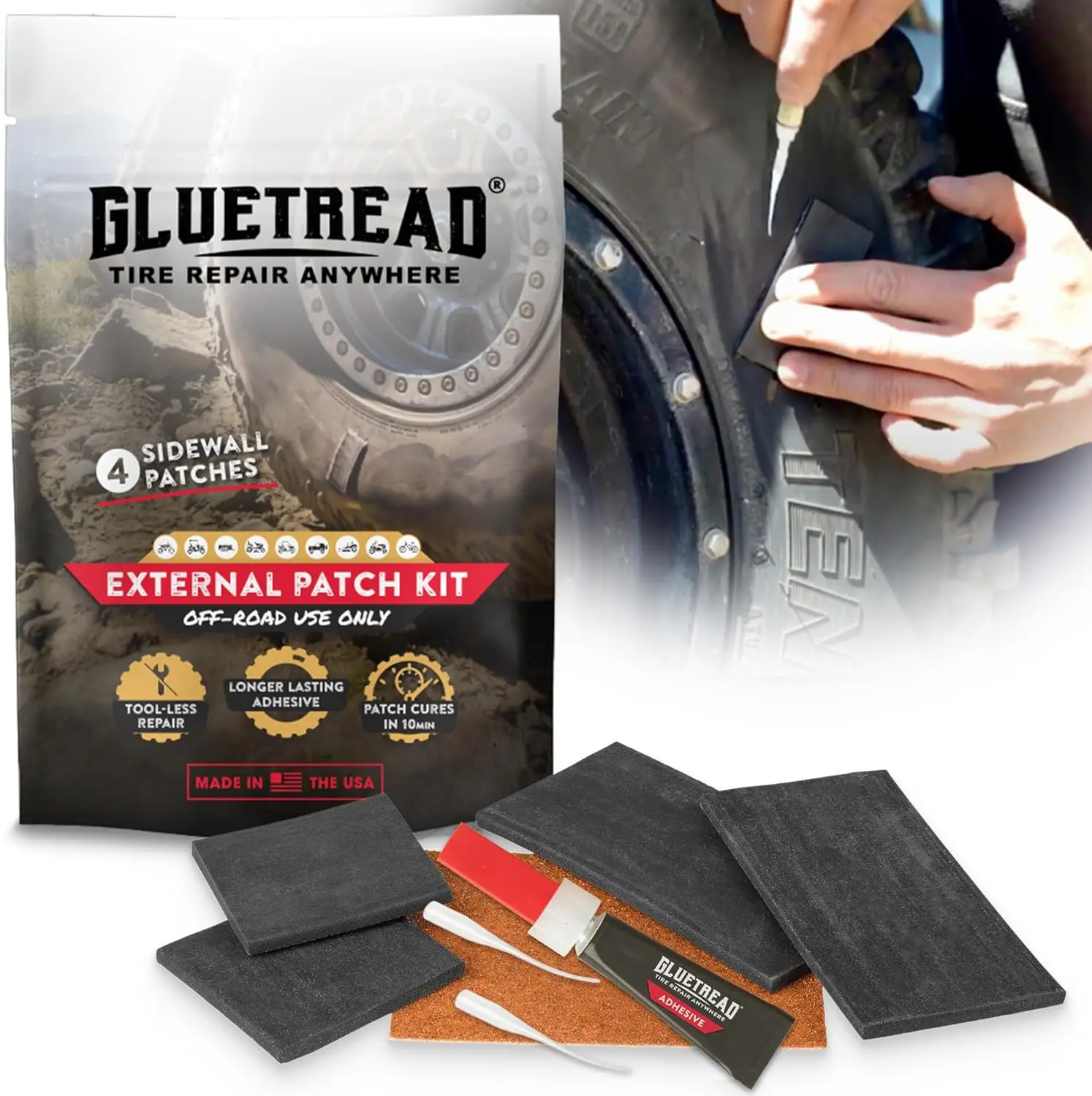 

GlueTread External Patch Kit - Tubeless Tire Repair - No Tire Removal - Patches 4 Tires - ATV Sidewall Repair