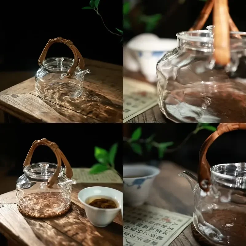 

【CHIMU HOME】 Modern rattan-handled glass teapot with water cube design for home brewing
