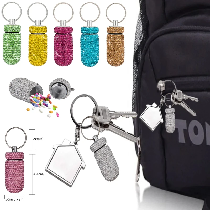 Travelling Rhinestone Pill Bottle Rhinestone Mini Pill Jar Keychain Portable Sealed Pill Bottle Waterproof Organiser