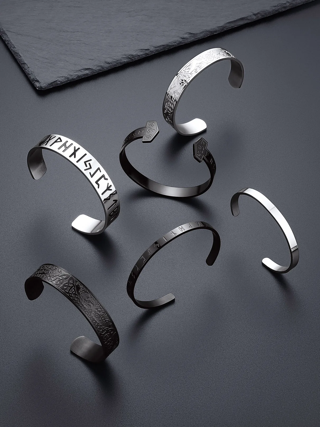ChainsPro 316L Stainless Steel Open Cuff Bracelets Bangles for Man Woman Viking Runes Deep Engraved Design Unisex Jewelry Gift