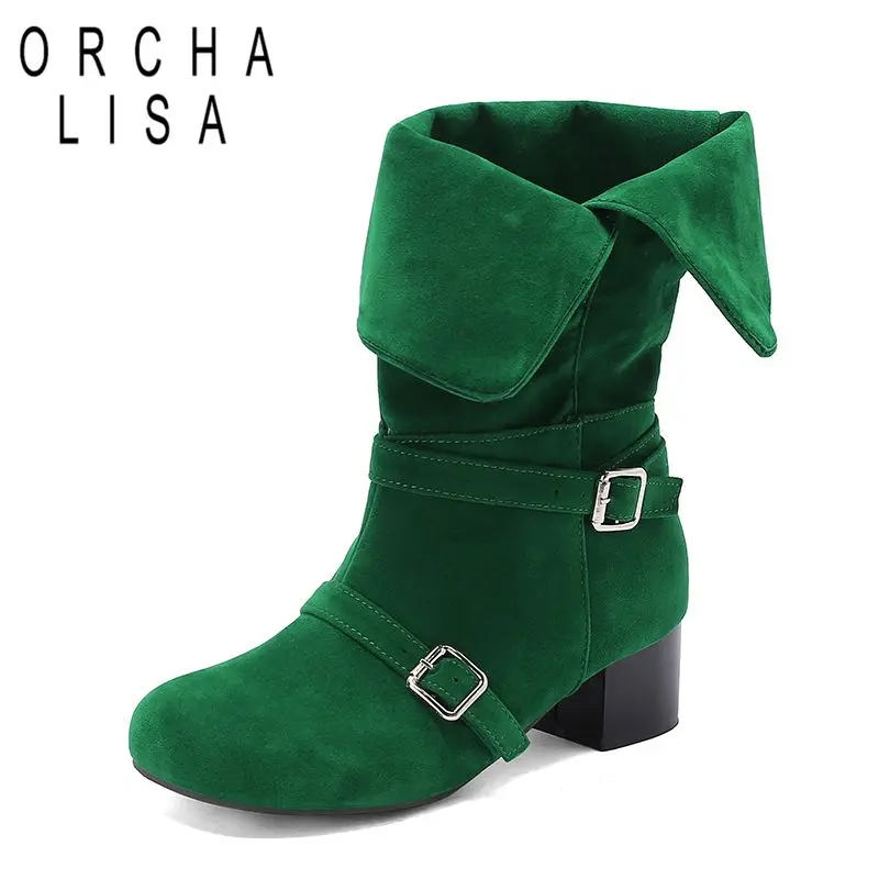 

ORCHA LISA Женские повседневные зимние ботинки до середины икры с круглым носком из флока, замша, толстые каблуки 4 см, без шнуровки с пряжками, большие размеры 31 32 49 50