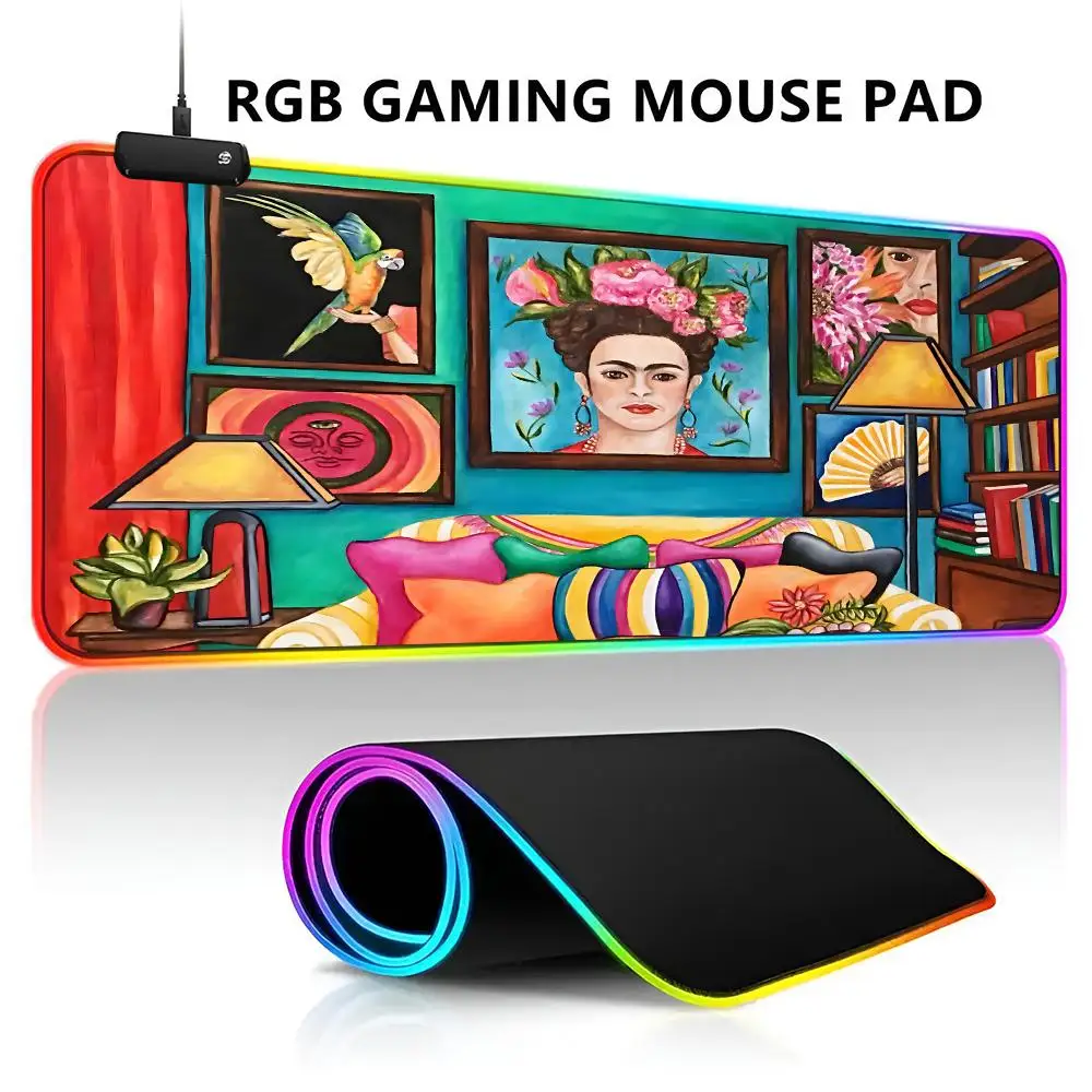 F-ridas Kahlos Mouse Pad RGB LED Light Gaming Waterproof Large Gamer Mouse Carpet Big Mause Keyboard Pad PC Desk Play Mat with B
